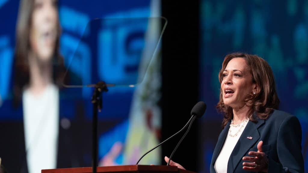 Vice President Kamala Harris speaking at a podium
