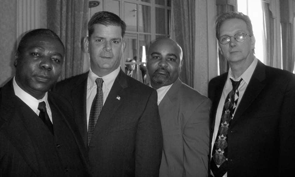 Mayor Walsh and BTDA members Chando Souffrant, Valville Auguste and Arthur Rose in a 2008 photo. mayor-btda