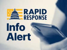 Rapid Response logo with text Info Alert and a woman holding a cell phone.